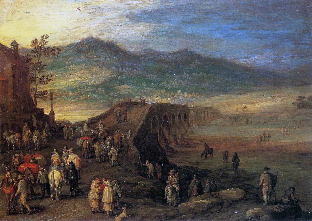 Resenärer vid bron över Talavera, 1610 (olja på koppar) av Jan the Elder Brueghel