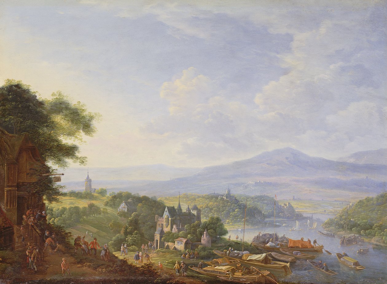 Utsikt över Rhen, nära Köln, ca 1700-10 (olja på koppar) av Jan the Elder Griffier
