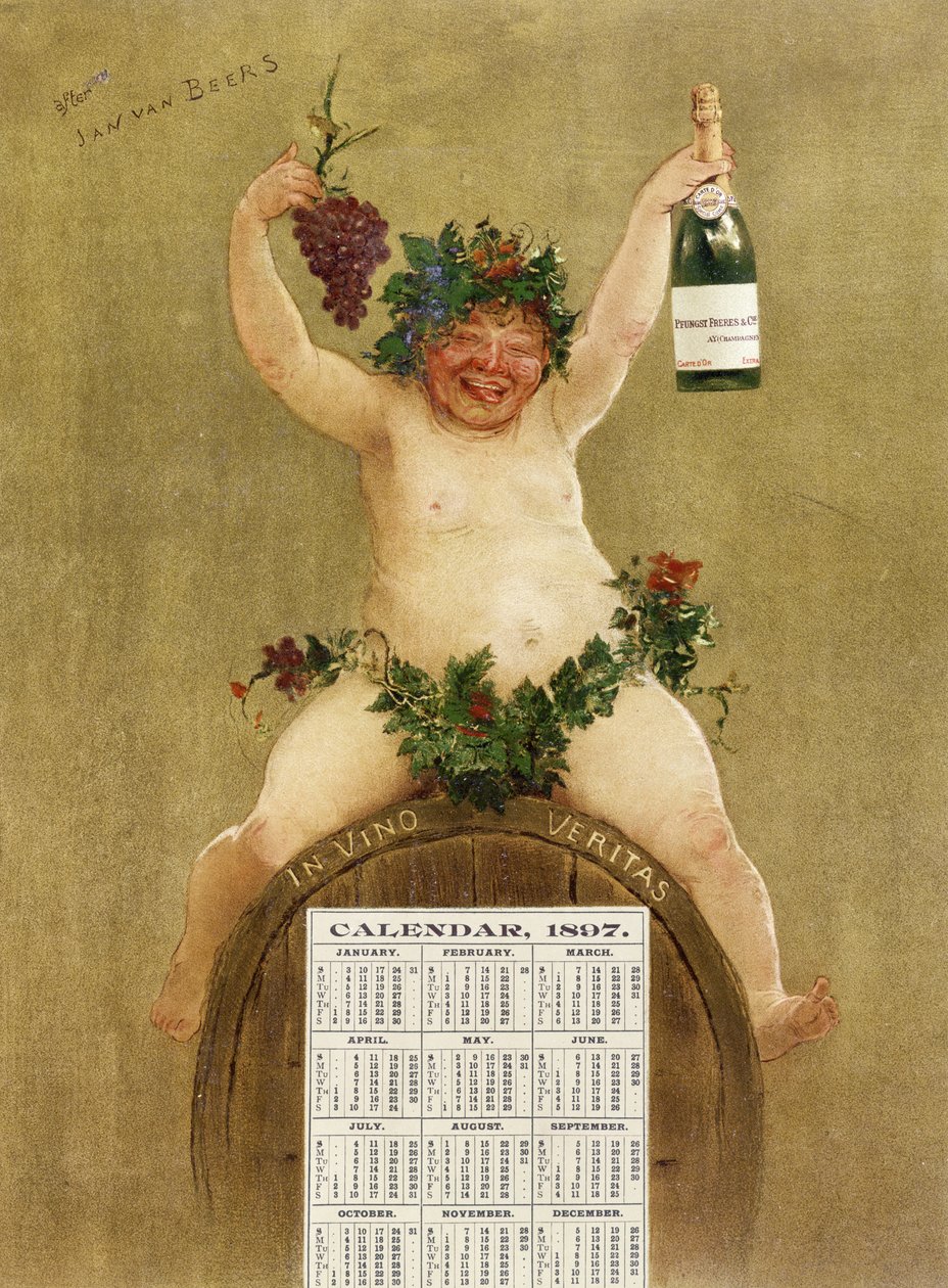 Kampanjkalender för Pfungst Freres Champagne, illustrerande Bacchus sittande på en tunna med legenden 