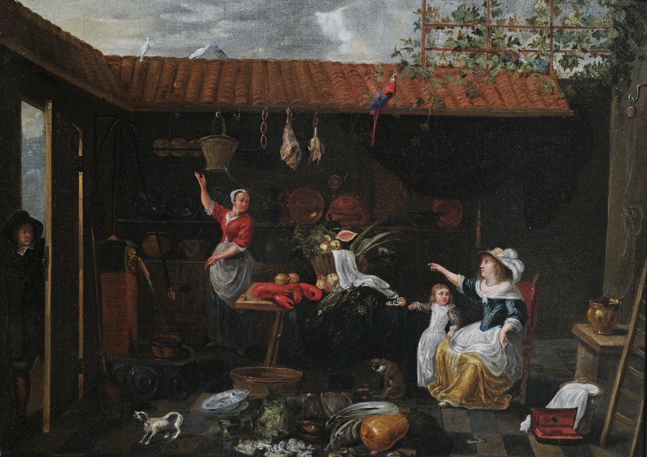 Innenansicht eines Hofes mit Küchenvorräten, Utensilien, Magd und Hausherrin av Jan van Buken