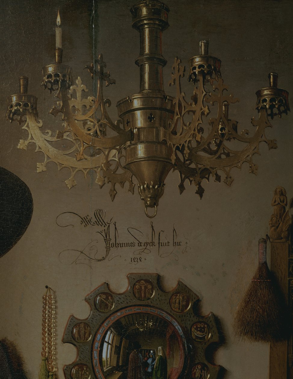 Porträttet av Giovanni ? Arnolfini och hans hustru Giovanna Cenami ? Arnolfinis äktenskap 1434 olja på panel detalj från 1765 av Jan van Eyck