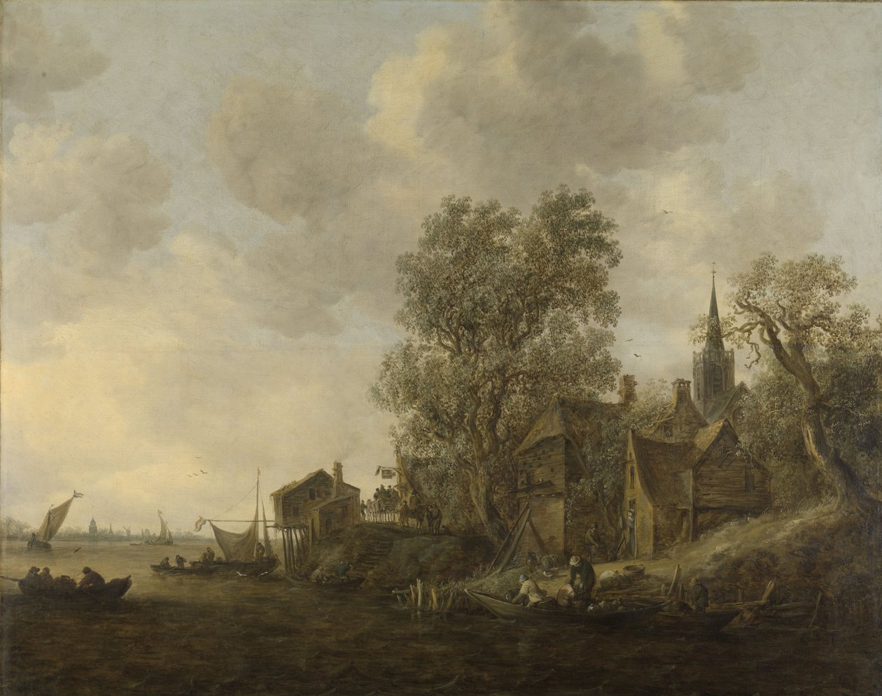 View of a town on a river av Jan Josephsz van Goyen