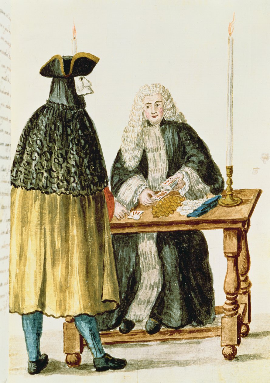 En dommer spiller kort med en maskeret mand swed av Jan van Grevenbroeck