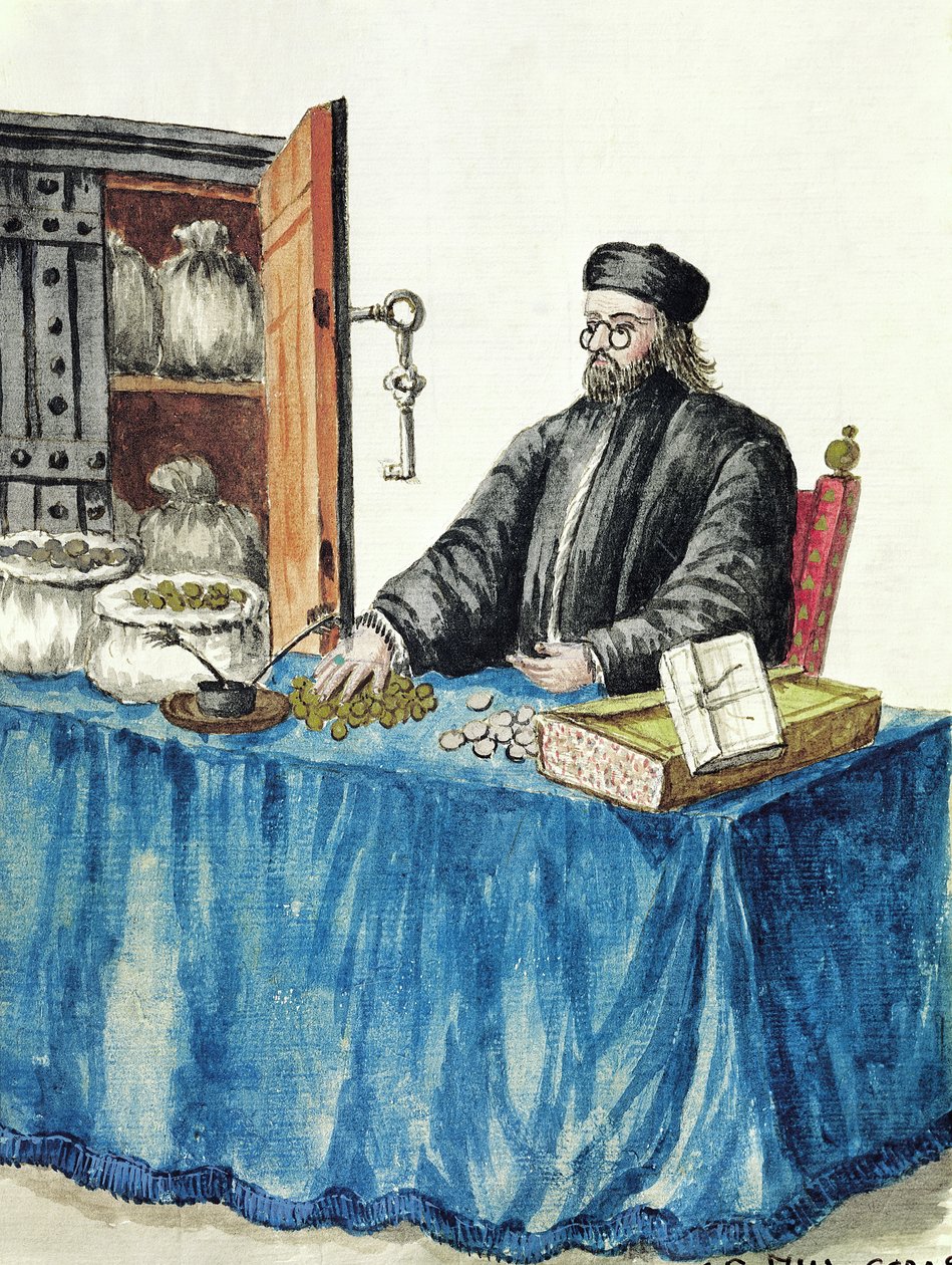 Moneylender wa Venetian, kutoka kwa kitabu kilichoonyeshwa cha mavazi ya swed av Jan van Grevenbroeck