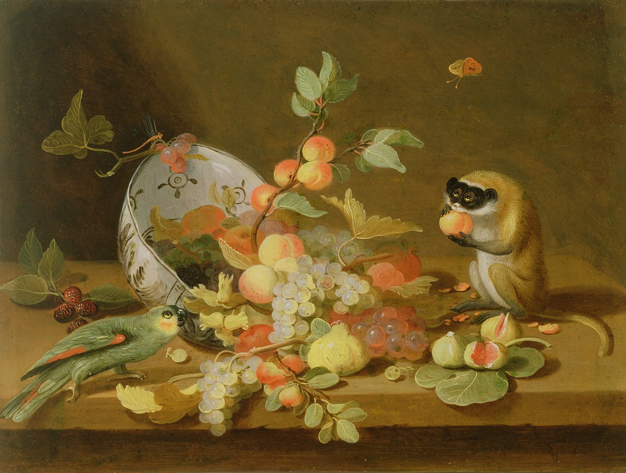 Vindruvor och persikor som spills från en vältad Delft-skål (olja på koppar) av Jan van Kessel the Elder