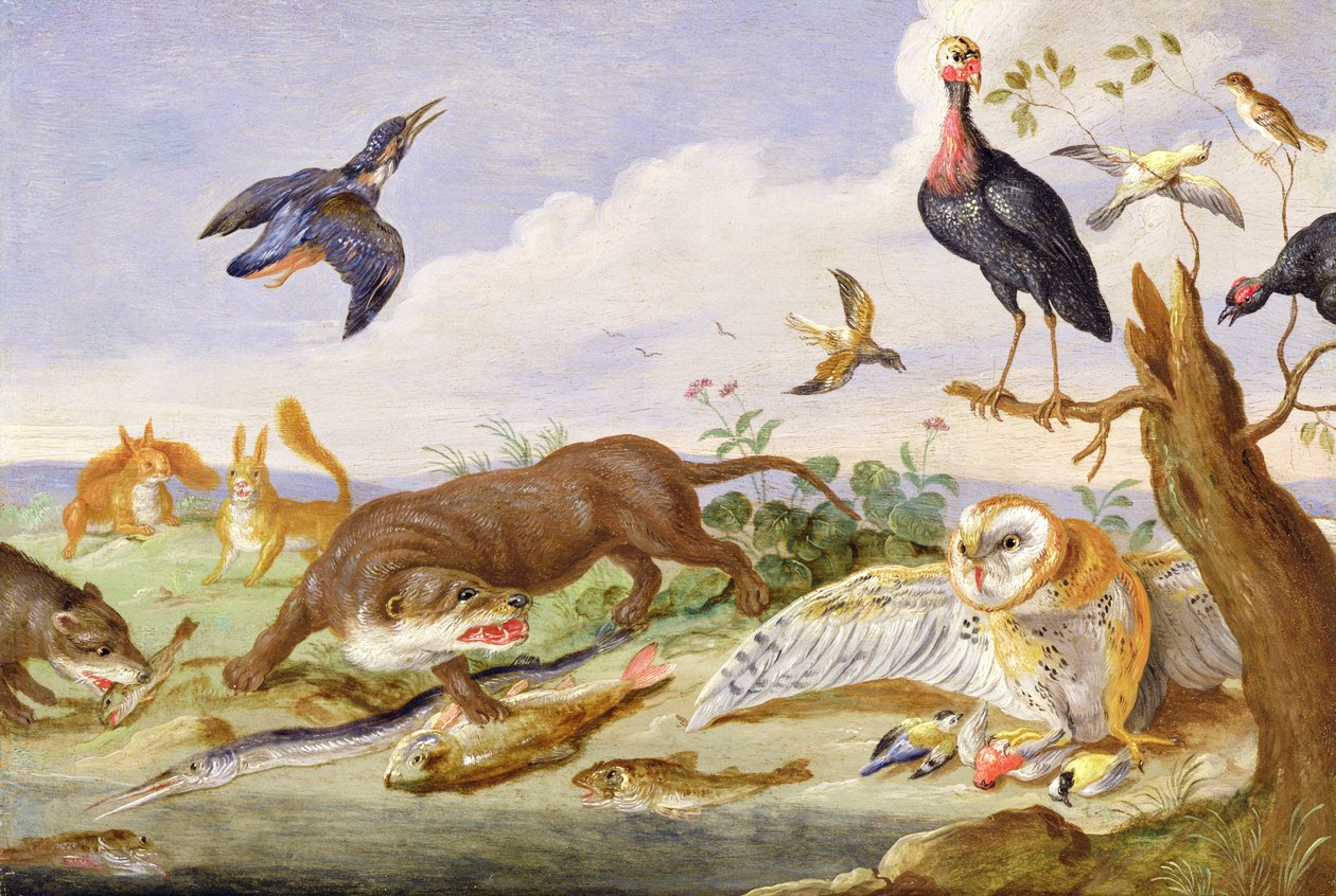 Nguruwe na Bundi Wakilinda Samaki zao (mafuta kwenye shaba). av Jan van Kessel the Elder