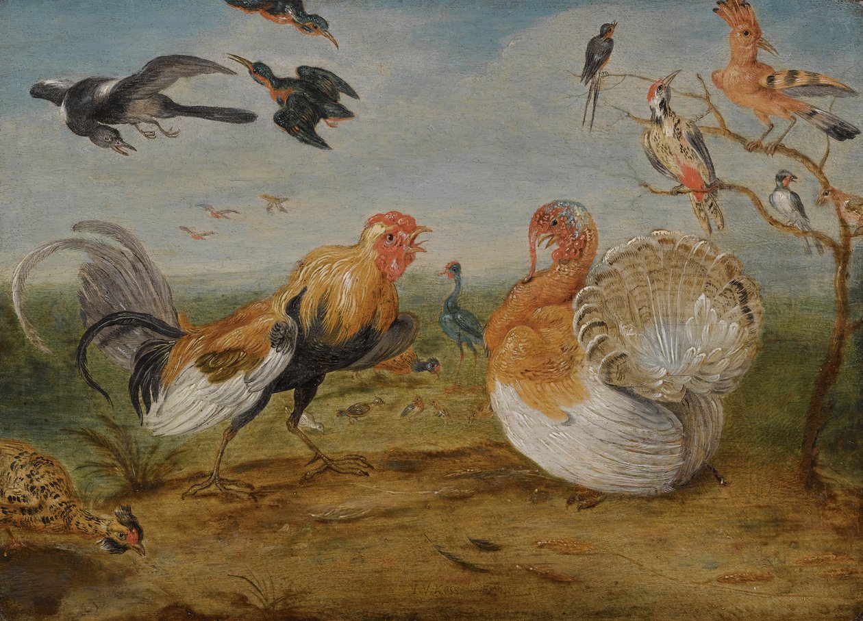 Ett landskap med en tupp och en kalkon som bråkar och andra fåglar. av Jan van Kessel the Elder