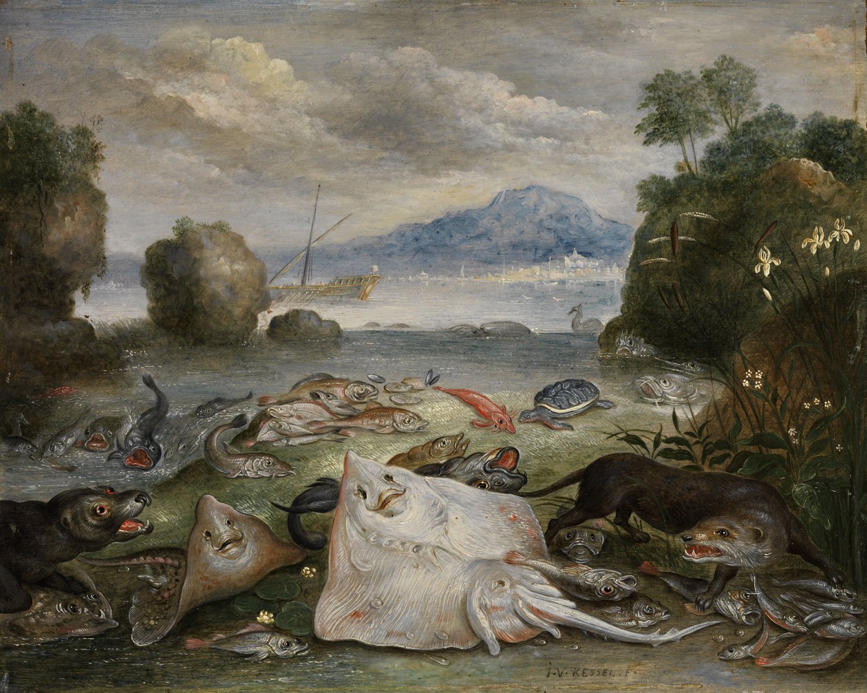Havsdjur, fiskar och uttrar på stranden med utsikt över en vik med ett segelfartyg och berg i fjärran av Jan van Kessel the Elder