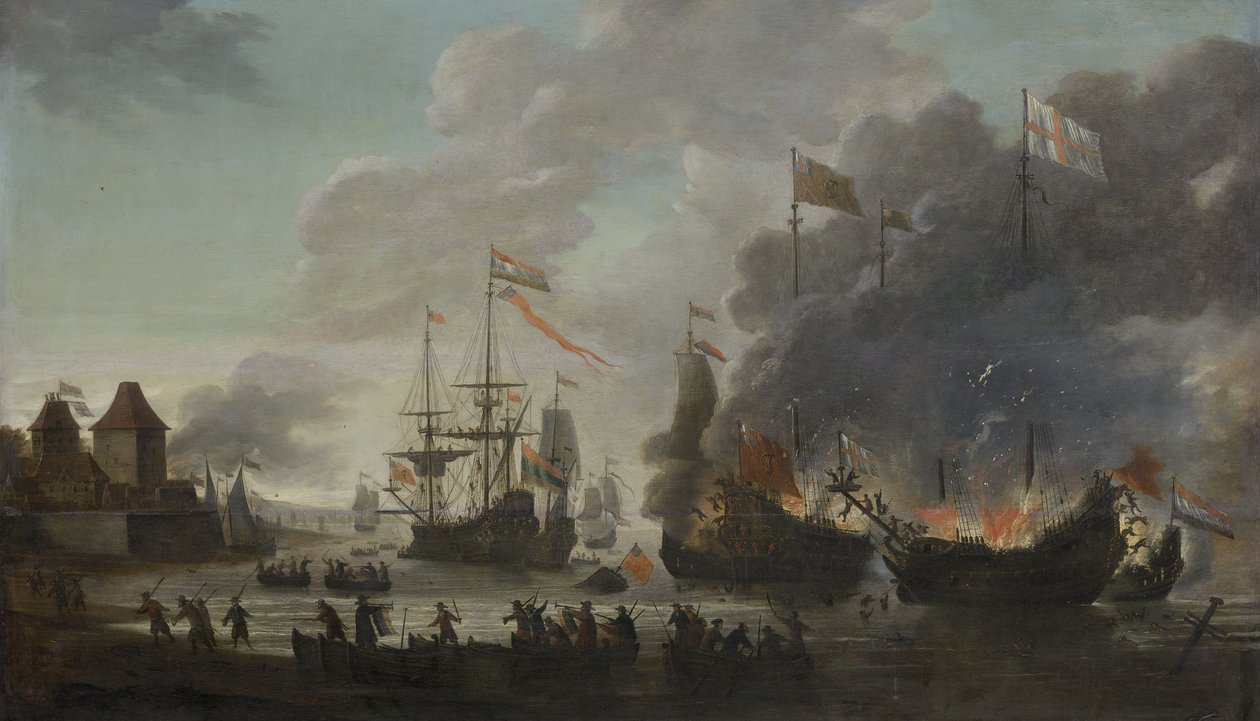 Holländarna bränner engelska skepp under expeditionen till Chatham, 20 juni 1667 (Raid on the Medway), c.1667 av Jan van Leyden