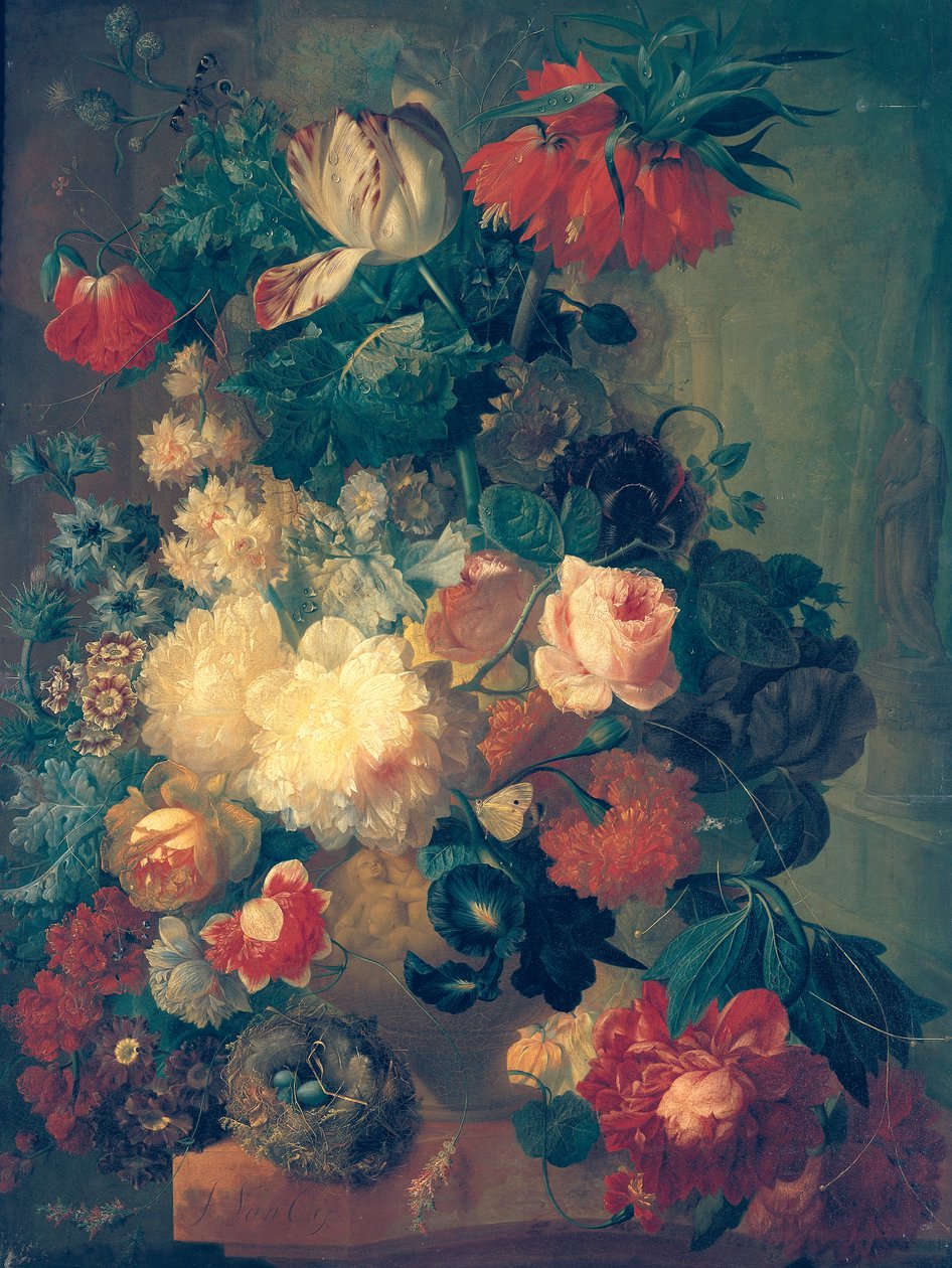 Blommor i en vas med ett fågelbo av Jan van Os