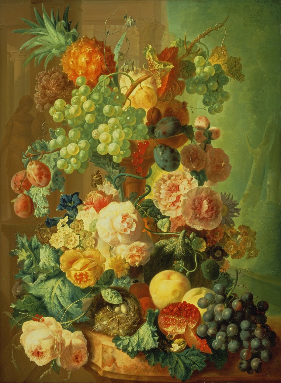 Stilleben med frukt och blommor av Jan van Os