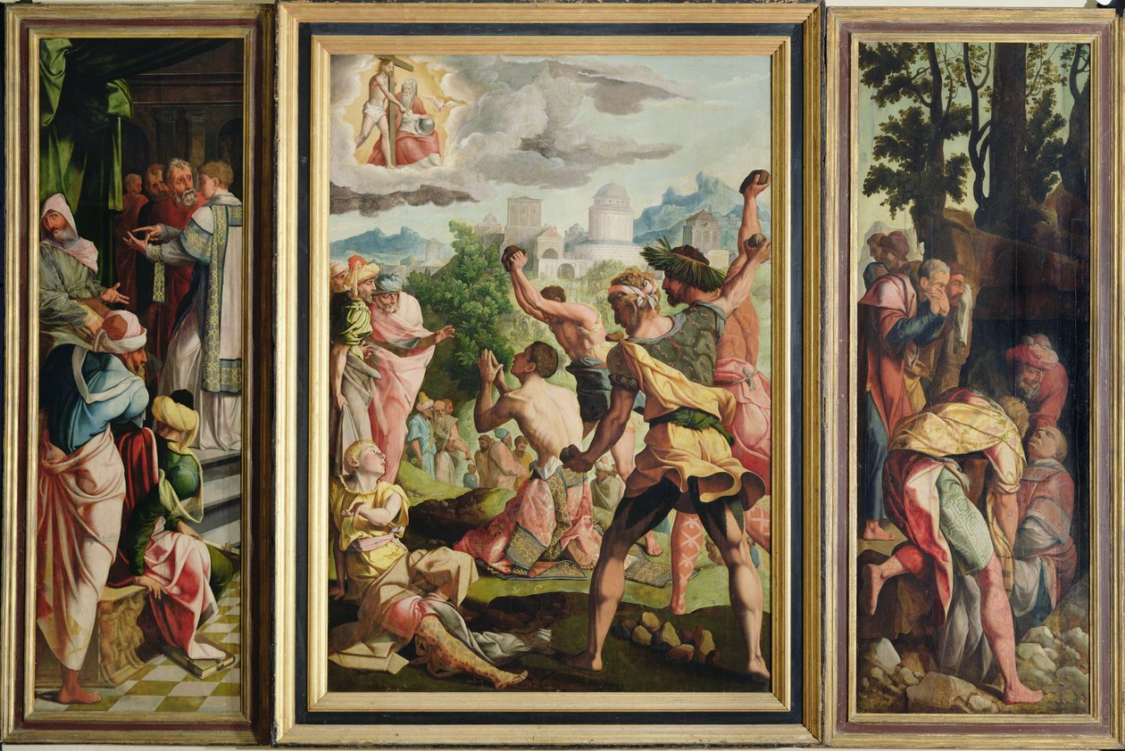Mahubiri, Kupigwa Mawe na Kuzikwa kwa Mtakatifu Stefano, kutoka Polyptych ya Mtakatifu Stefano na Mtakatifu James Mkuu, c.1541 swed. av Jan van Scorel