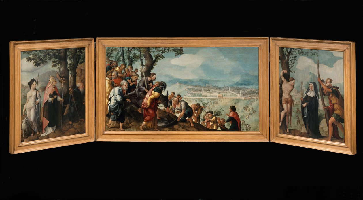 Triptych with The Entry of Christ into Jerusalem, saints and on the outside of the wings, patrons of the Van Lokhorst family  av Jan van Scorel