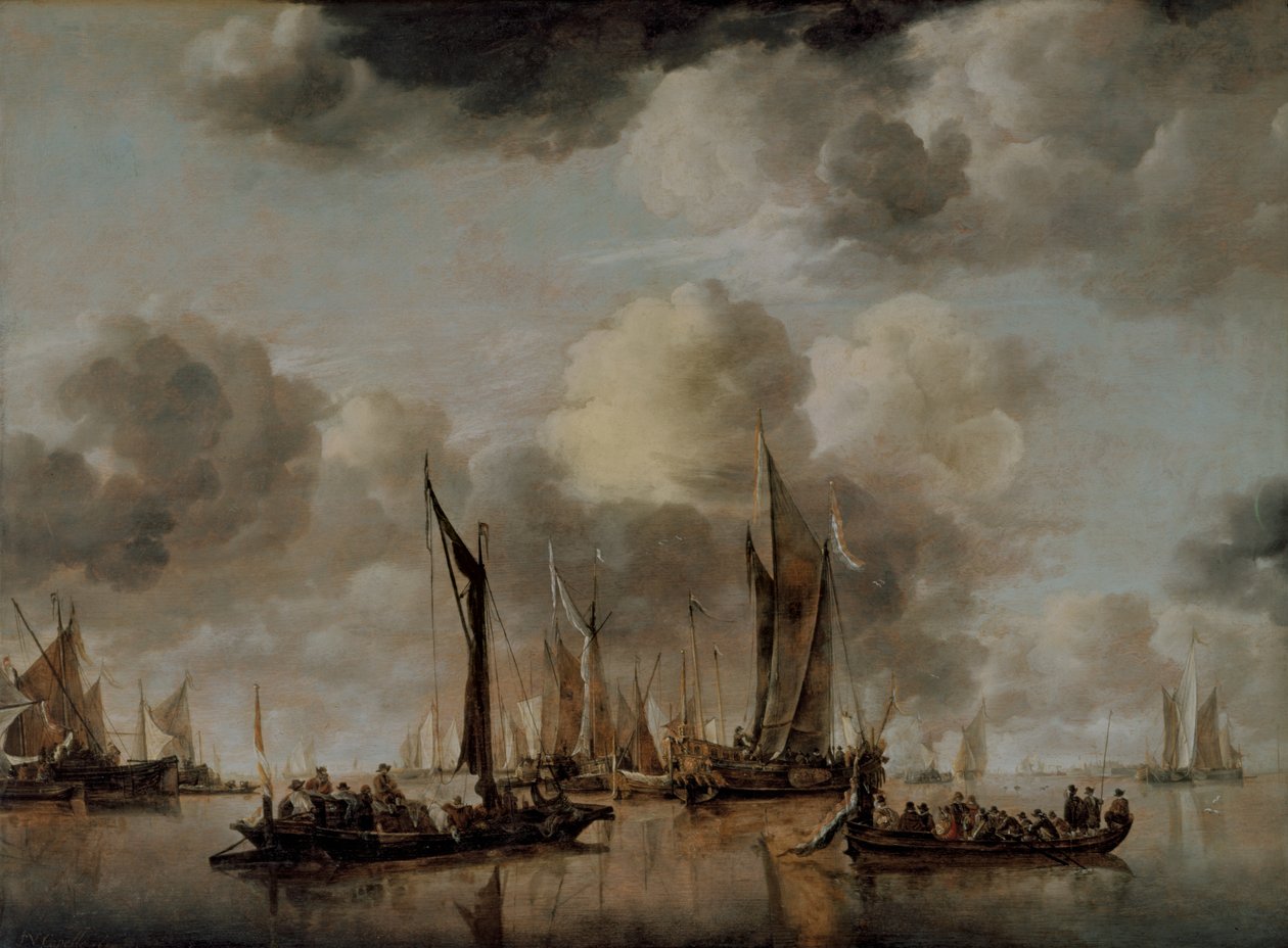 En holländsk yacht som avfyrar en salut när en pråm drar iväg, 1650 av Jan van de Capelle or Cappelle