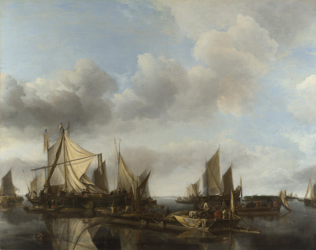 En flodscen med en stor färja och många fartyg av Jan van de Cappelle