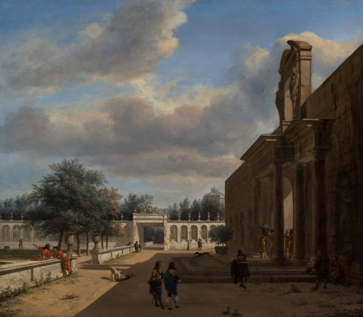 En palats trädgård, med figurer som kommer från ett palats till höger av Jan van der Heyden