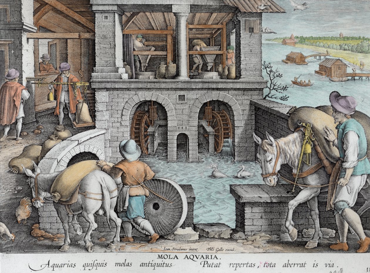 En vattenkvarn, tavla 11 från "Nova Reperta" (Nya upptäckter), graverad av Philip Galle (1537-1612) omkring 1600 (senare färgsättning). av Jan van der Straet