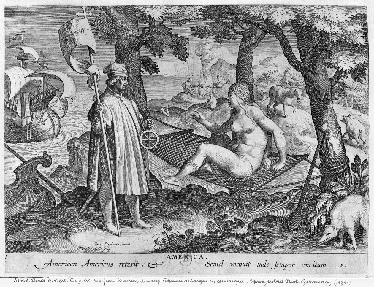 Amerigo Vespucci (1454-1512) landar i Amerika, graverad av Theodor Galle (1571-1633) av Jan van der Straet