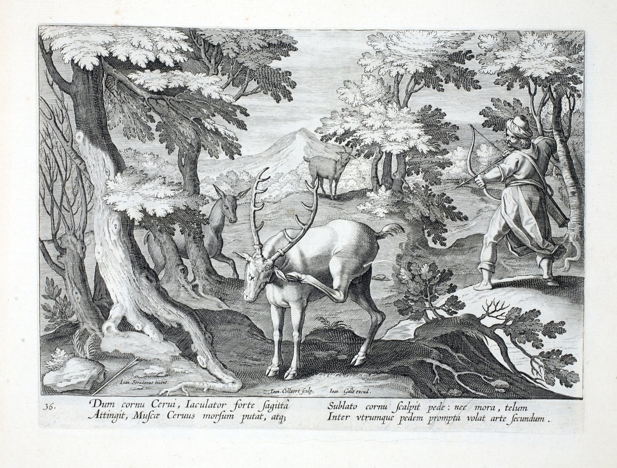 Medan en hjort kliar sig med foten på sitt horn, skjuter en jägare med båda fötterna framåt en pil genom luften, illustration från "Venationes, Ferarum, Avium, Piscium" (Of Hunting: Wild Beasts, Bird av Jan van der Straet
