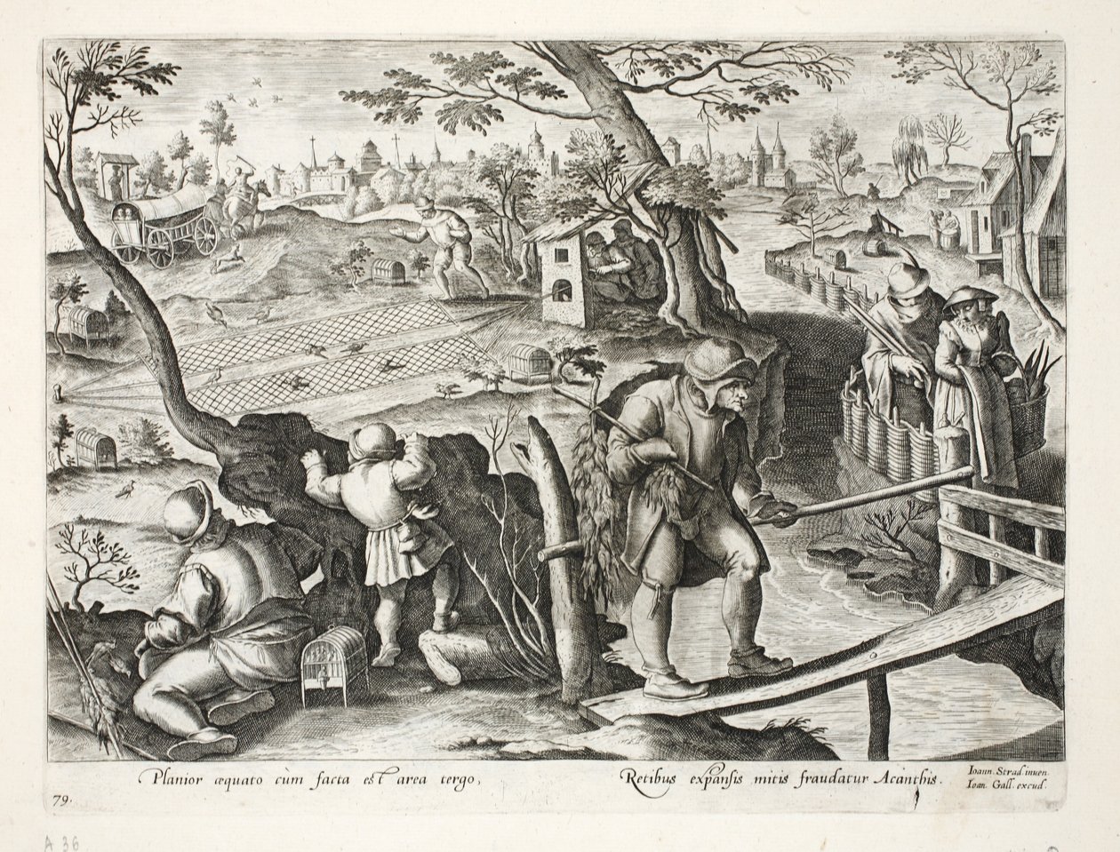 Fågelfångare som fångar starar, illustration från "Venationes, Ferarum, Avium, Piscium" (av jakt: vilda djur, fåglar, fiskar), graverad av Jan Collaert (1566-1628), pub. av Phillipus Gallaeus, Amste av Jan van der Straet