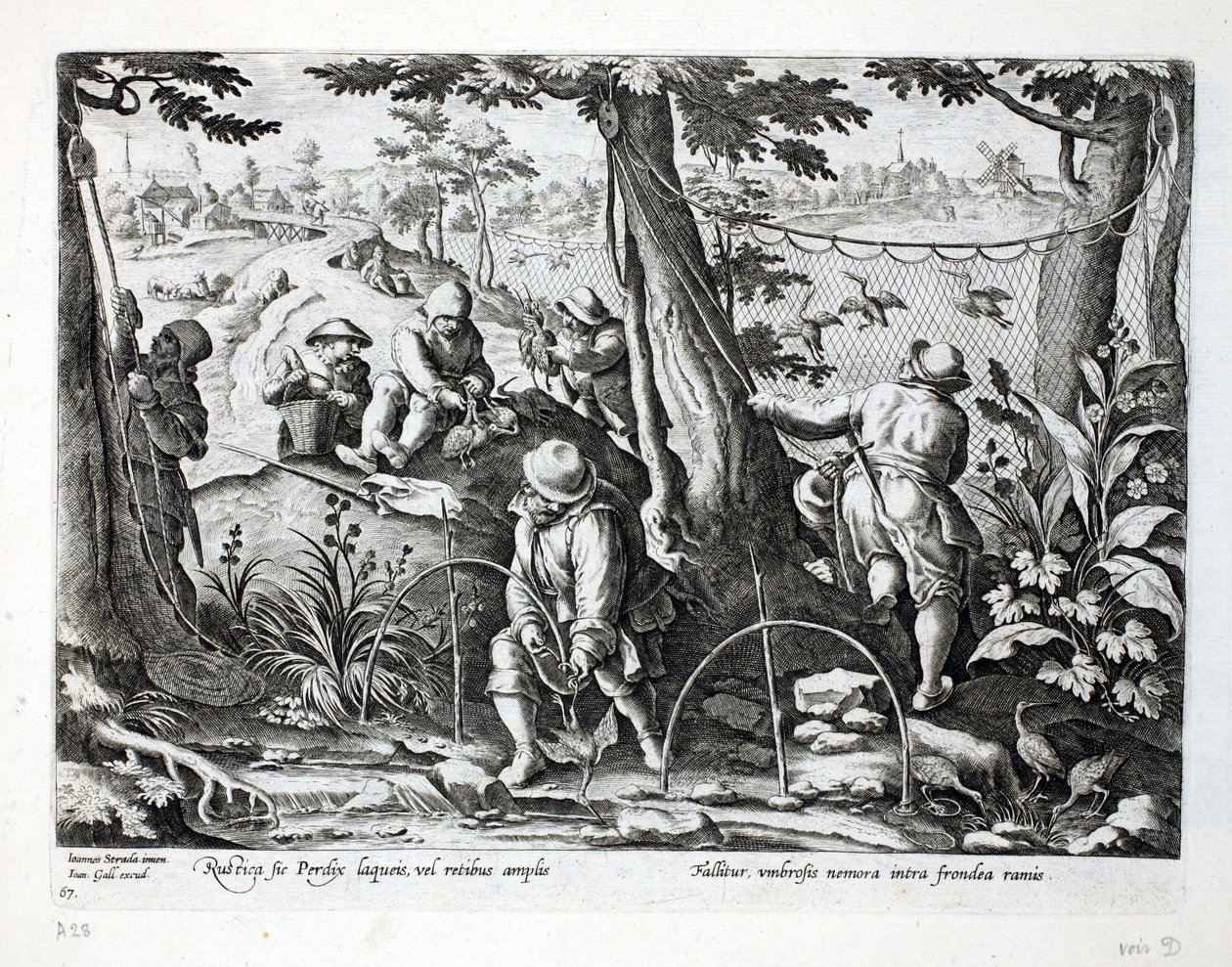 Fågelfångare som använder fällor för att fånga rapphöns, illustration från "Venationes, Ferarum, Avium, Piscium" (av jakt: vilda djur, fåglar, fiskar), graverad av Jan Collaert (1566-1628), pub. av Phillipus Gal av Jan van der Straet