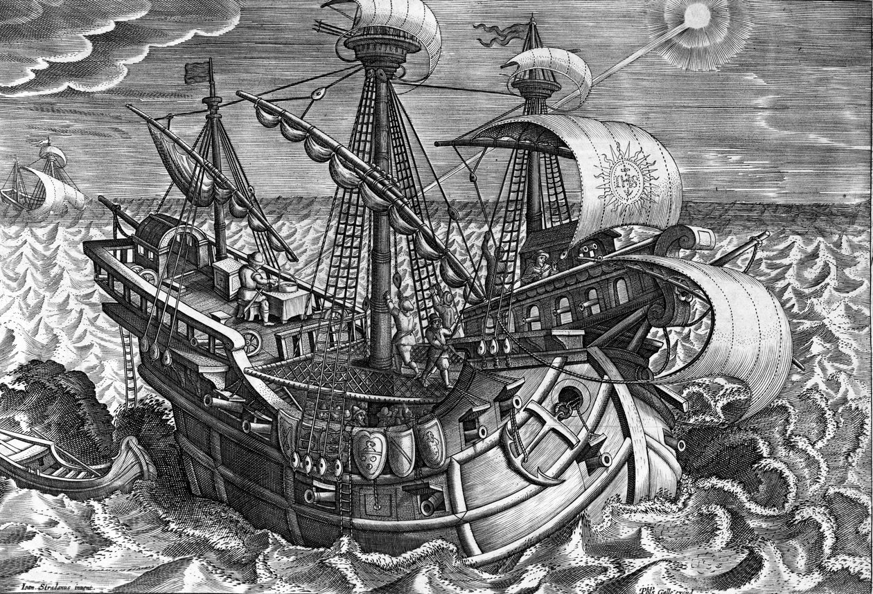 Beräkning av longitud med hjälp av solens deklination, tavla 17 från "Nova Reperta", graverad av Philip Galle, ca 1580-1605. av Jan van der Straet
