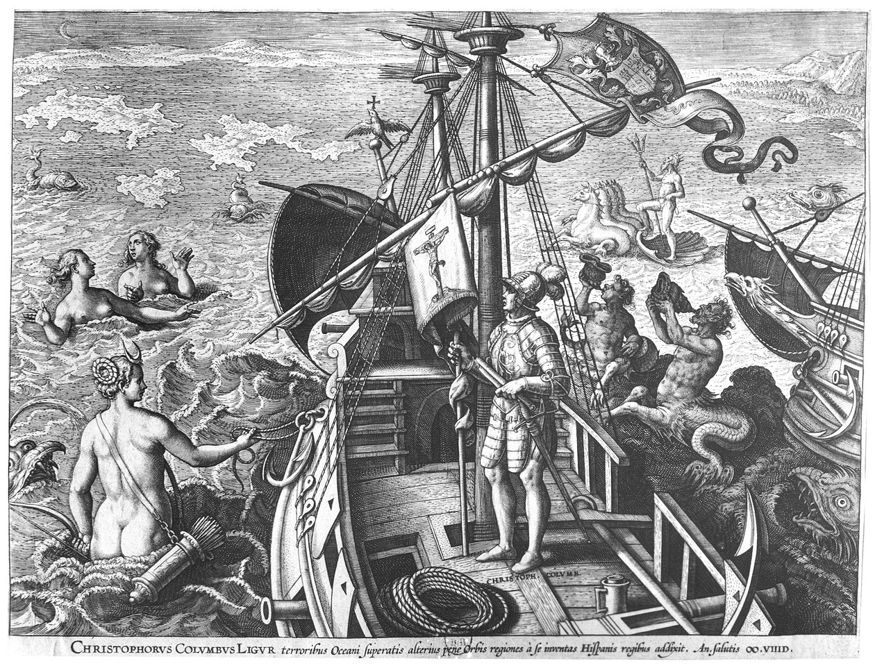 Christopher Columbus (1451-1506) ombord på sin karavel och upptäcker Amerika av Jan van der Straet