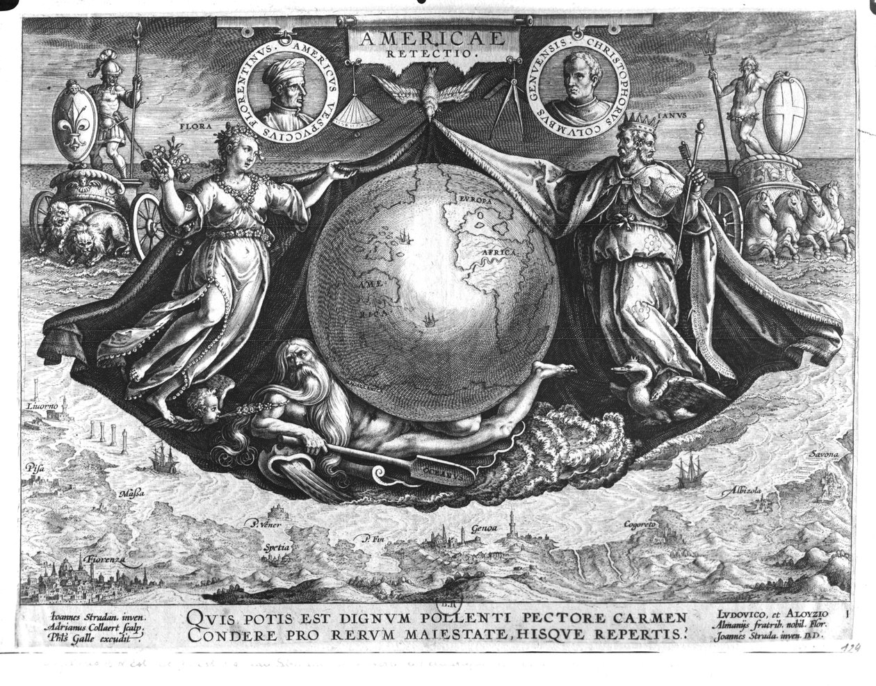Discovery of America med porträtt av Amerigo Vespucci (1454-1512) och Christopher Columbus (1451-1506) graverade av Jan Collaert (1566-1628) tryckta av Philipp Galle (1537-1612) c.1600 (f. av Jan van der Straet