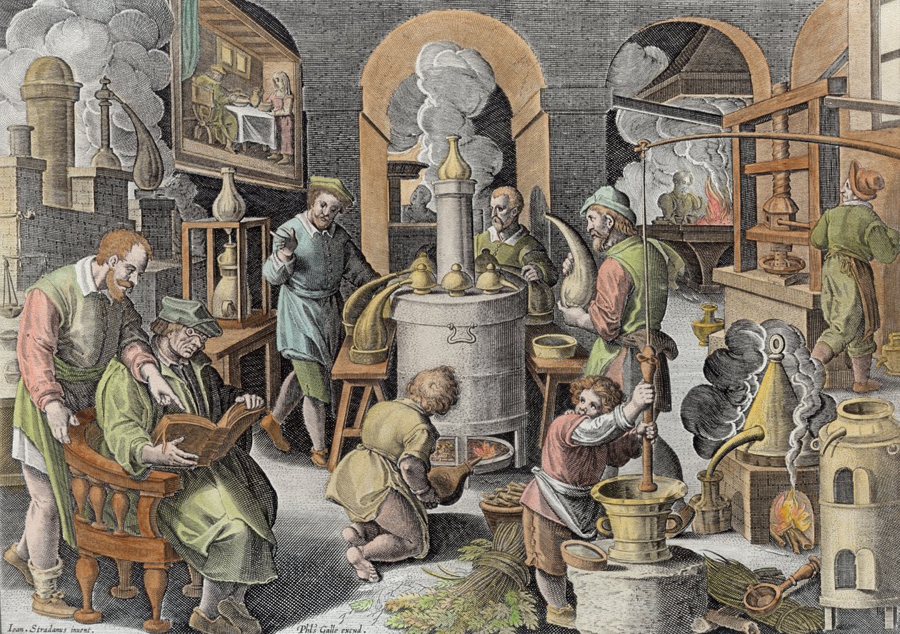 Destillation, kokande vatten för att rena den, graverad av Philip Galle (1537-1612) (senare färgning) av Jan van der Straet