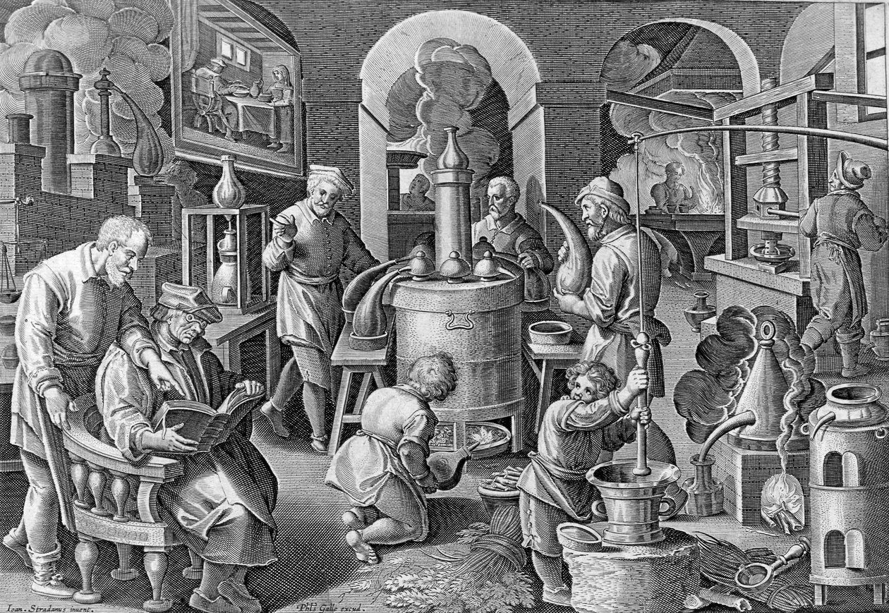 Distillato, tavla 7 från "Nova Reperta", graverad av Philip Galle, ca 1580-1605 av Jan van der Straet