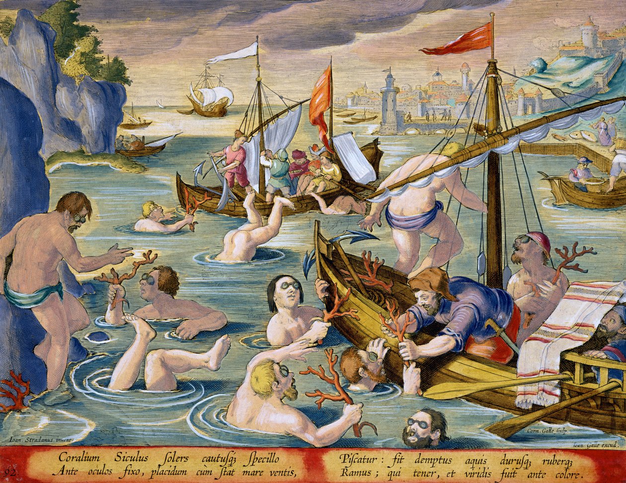 Dykning efter koraller, platta 92 från "Venationes Ferarum, Avium, Piscium" (Om jakt: vilda djur, fåglar, fiskar), graverad av Jan Collaert (1566-1628), utgiven av Phillipus Gallaeus i Amsterdam (handkolorerad). av Jan van der Straet