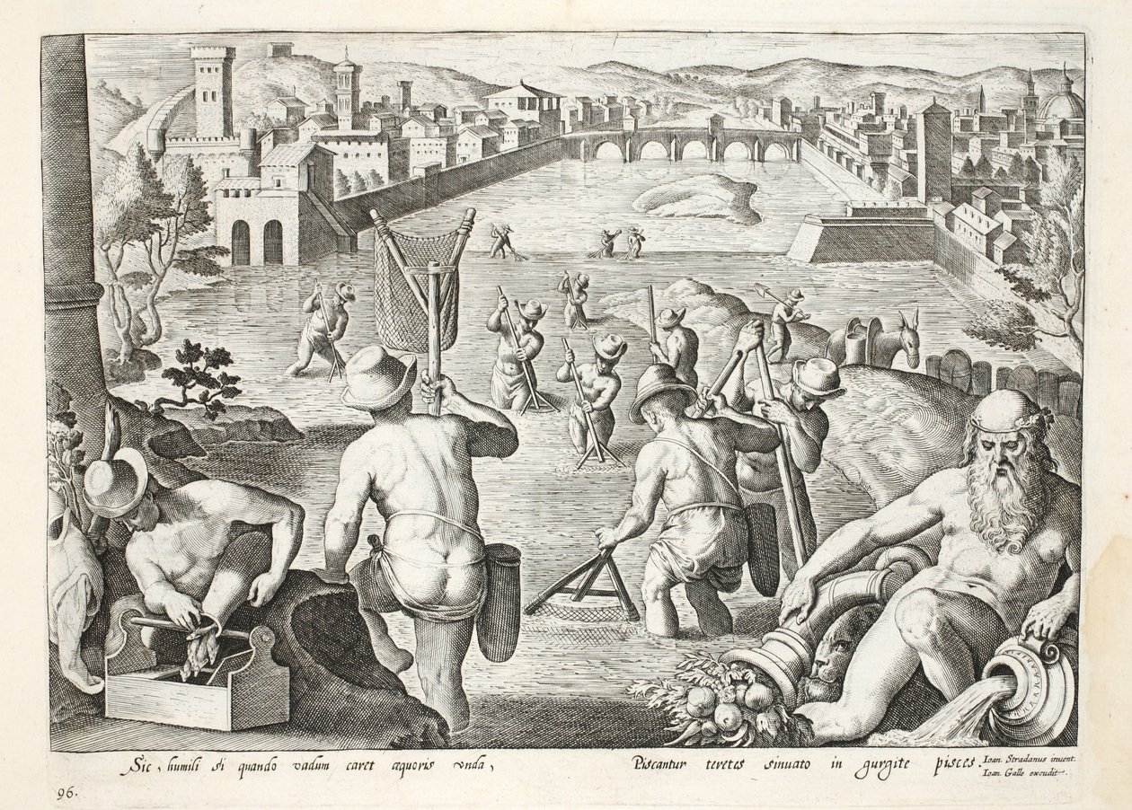 Fiske i grunt vatten med nät, skylt 96, illustration från 