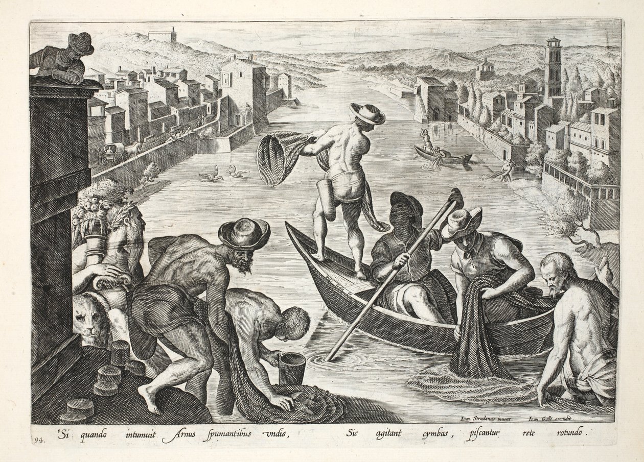Fiske på Arno med hjälp av båtar och nät, illustration från "Venationes, Ferarum, Avium, Piscium" (Om jakt: vilda djur, fåglar, fisk), graverad av Jan Collaert (1566-1628), utgiven av Phillipus Gallae. av Jan van der Straet