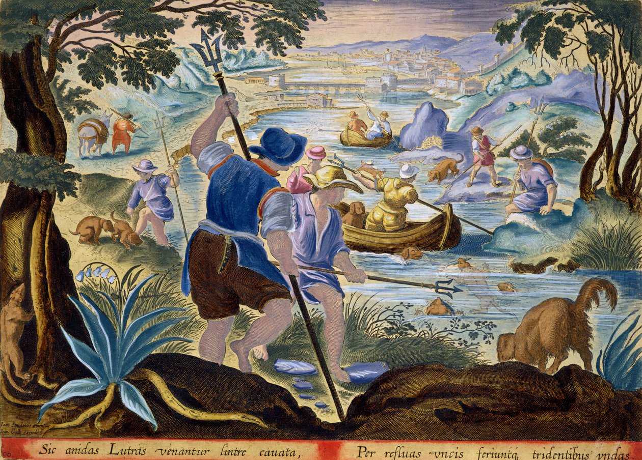 Fiske med treuddar, plansch 90 från "Venationes Ferarum, Avium, Piscium" (Om jakt: vilda djur, fåglar, fiskar), graverad av Jan Collaert (1566-1628) och utgiven av Phillipus Gallaeus i Amsterdam (hand av Jan van der Straet
