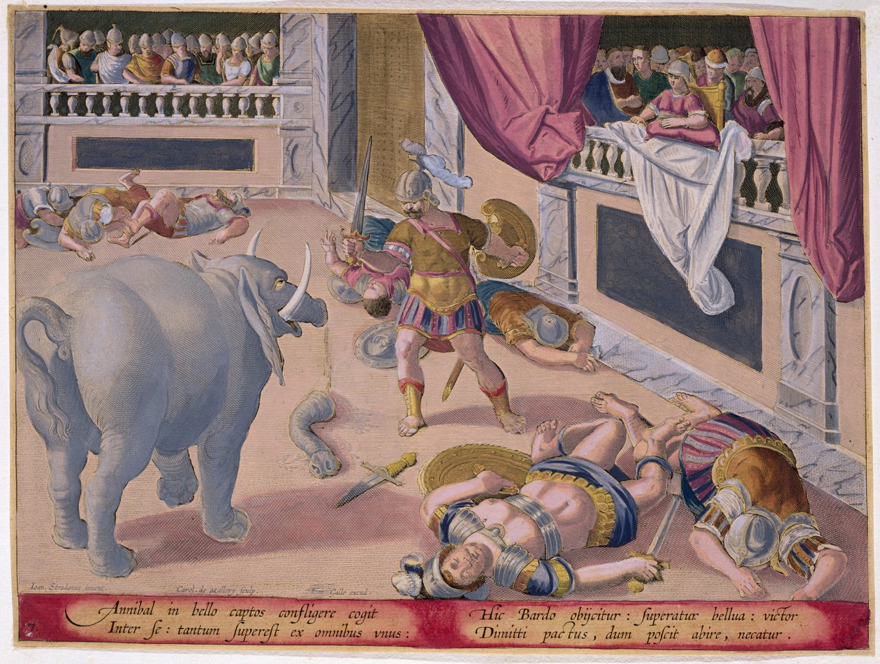 Hannibal (247-c.183 f.Kr.) Får besegrade romare att slåss mot varandra, plåt 7 från 