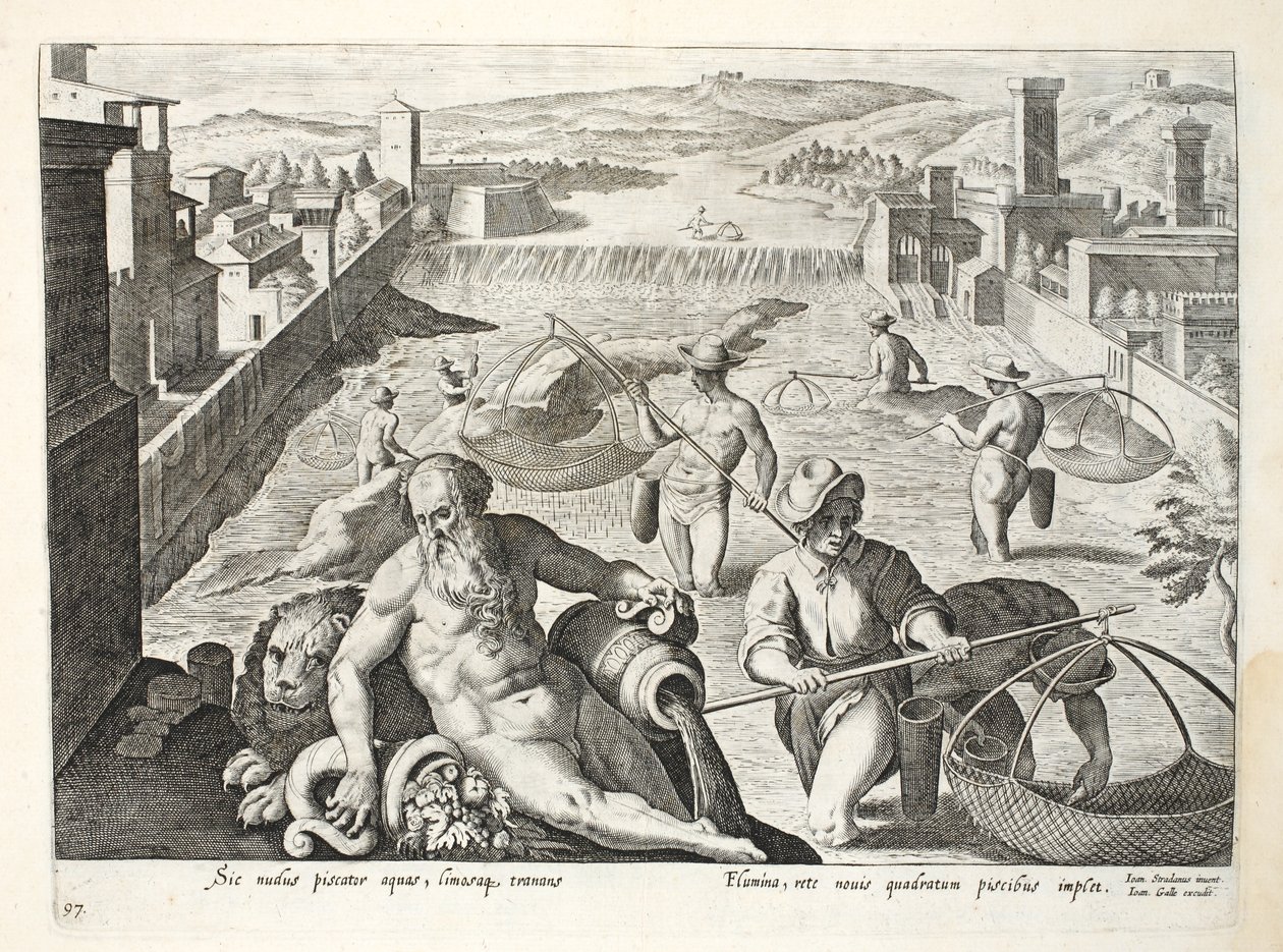 Metod för att fånga fisk på grunt vatten med fyrkantiga nät, illustration från 