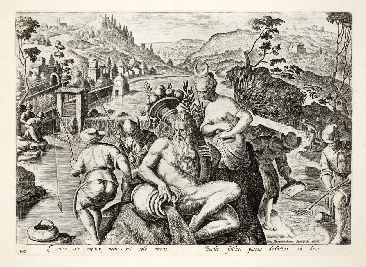 Metod för att fånga fisk med hjälp av ett fiskespö, illustration från "Venationes, Ferarum, Avium, Piscium" (Om jakt: vilda djur, fåglar, fisk), graverad av Jan Collaert (1566-1628), utgiven av Phillipus Gal. av Jan van der Straet