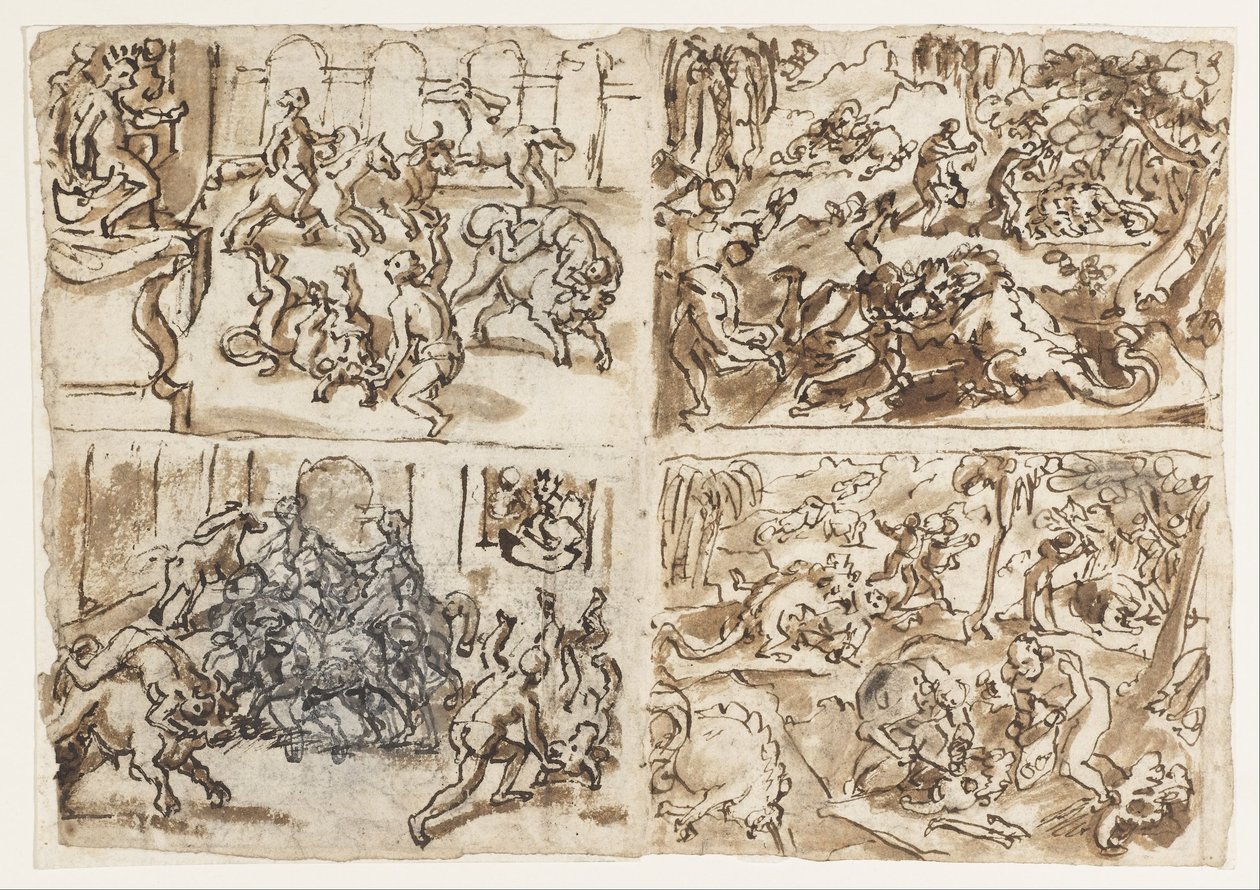 Recto Title- Sida från en skissbok som visar fyra scener- inklusive Thessalians Fighting Bulls, övre ... av Jan van der Straet