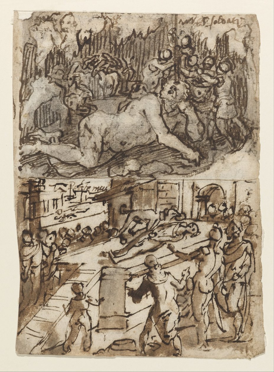 Recto Title- Page of a sketchbook showing two scenes, one including the Blinding of Cyclops. av Jan van der Straet