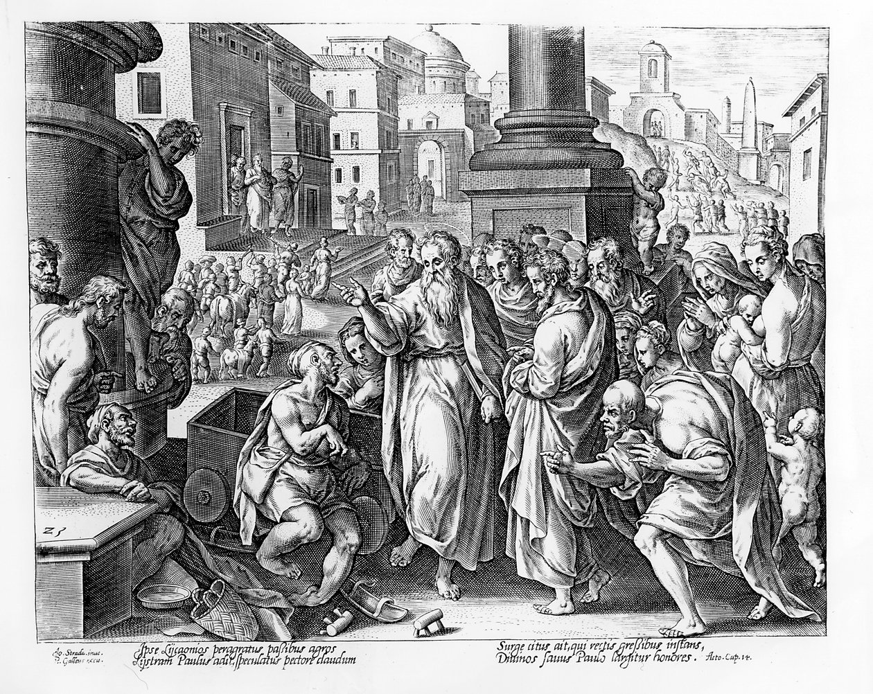 De heliga Paulus och Barnabas predikar i Lystra, graverad av P. Galleus av Jan van der Straet
