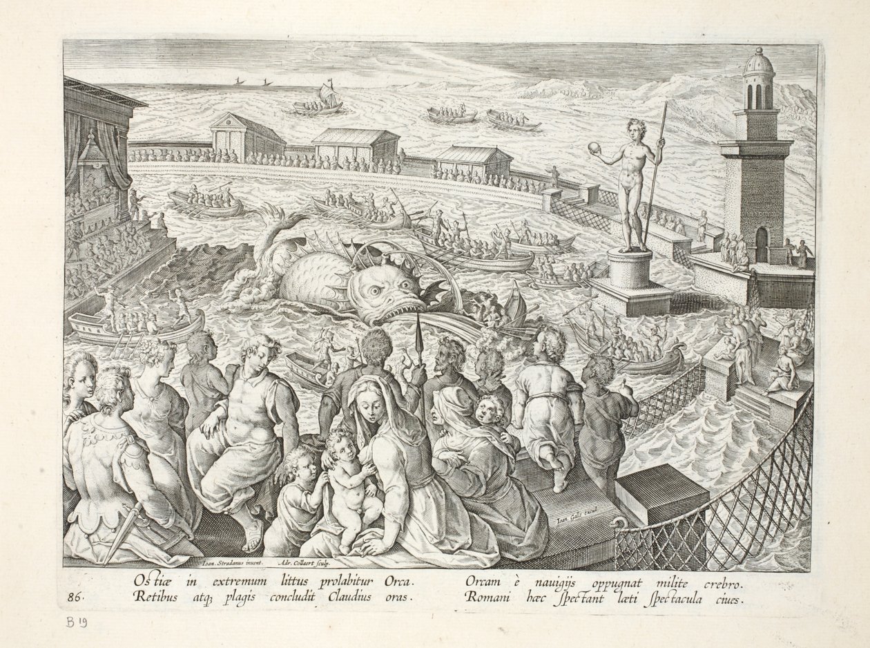 Sjömonster attackerar en båt under ett spektakel i en marin inhägnad vid Ostia, skylt 85, illustration från 