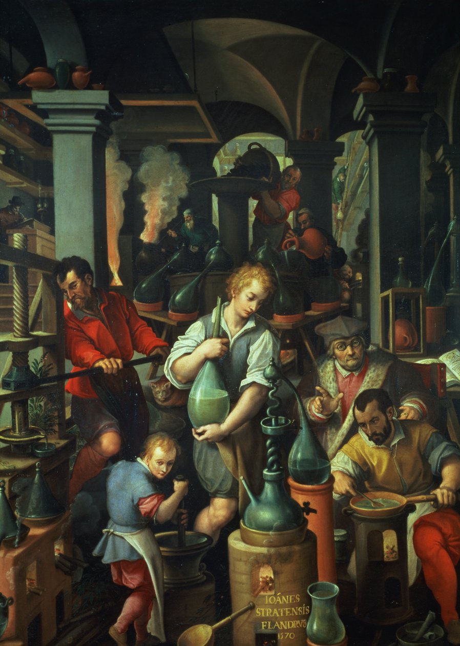 Alkemistens verkstad, 1570 (olja på skiffer) av Jan van der Straet