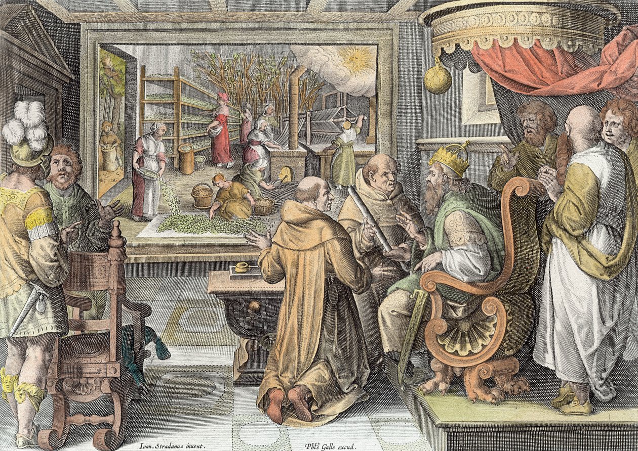 Sidenindustrins början i Europa, tavla 9 från "Nova Reperta" (Nya upptäckter), graverad av Philip Galle (1537-1612) omkring 1600 (senare färgsättning). av Jan van der Straet