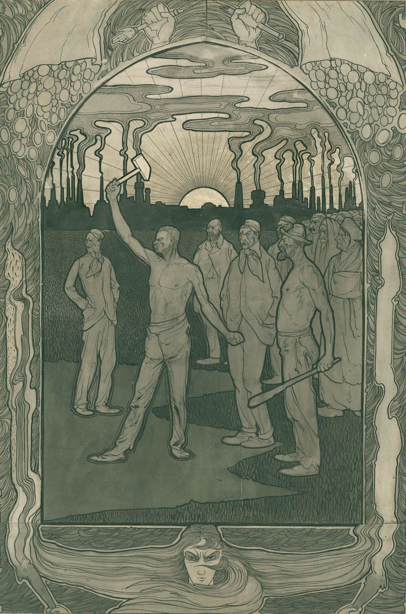 Fabriksarbetare står starka enade, 1900 (penna på papper) av Jan van der Vaardt