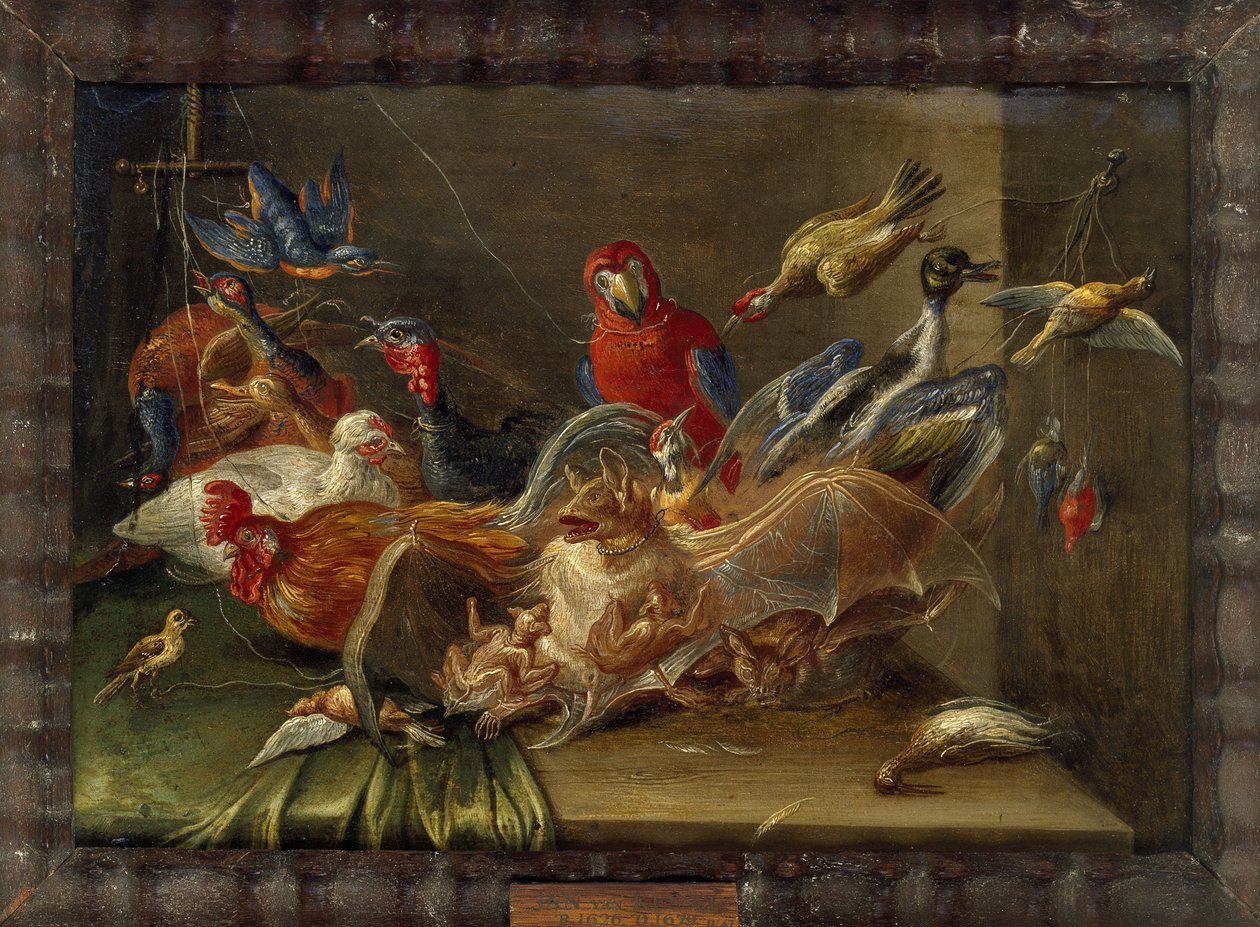Dekorativ stillebenskomposition med fåglar och två fladdermöss (olja på koppar) av Jan van Kessel the Elder
