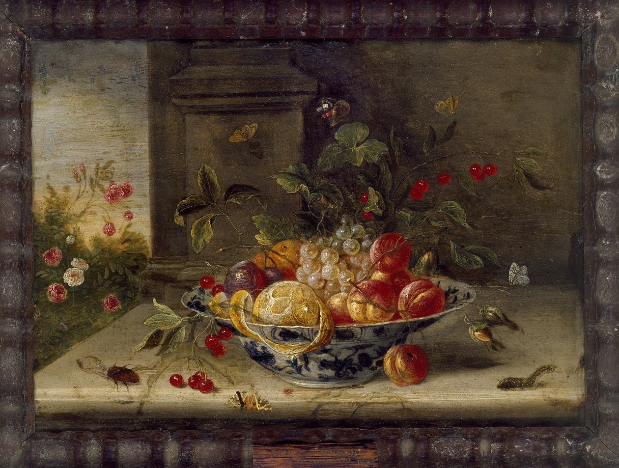 Dekorativ stillebenkomposition med porslinsskål, frukt och insekter (olja på koppar) av Jan van Kessel the Elder