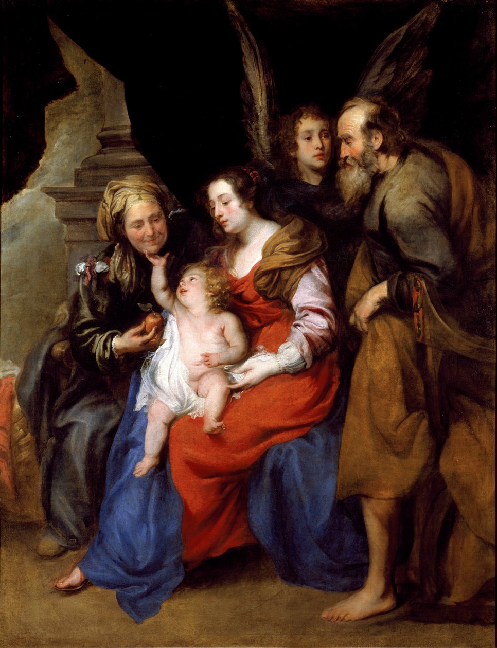 Porträtt av den heliga familjen med St Anne, Marias mor och en ängel (olja på duk av Jan Roos
