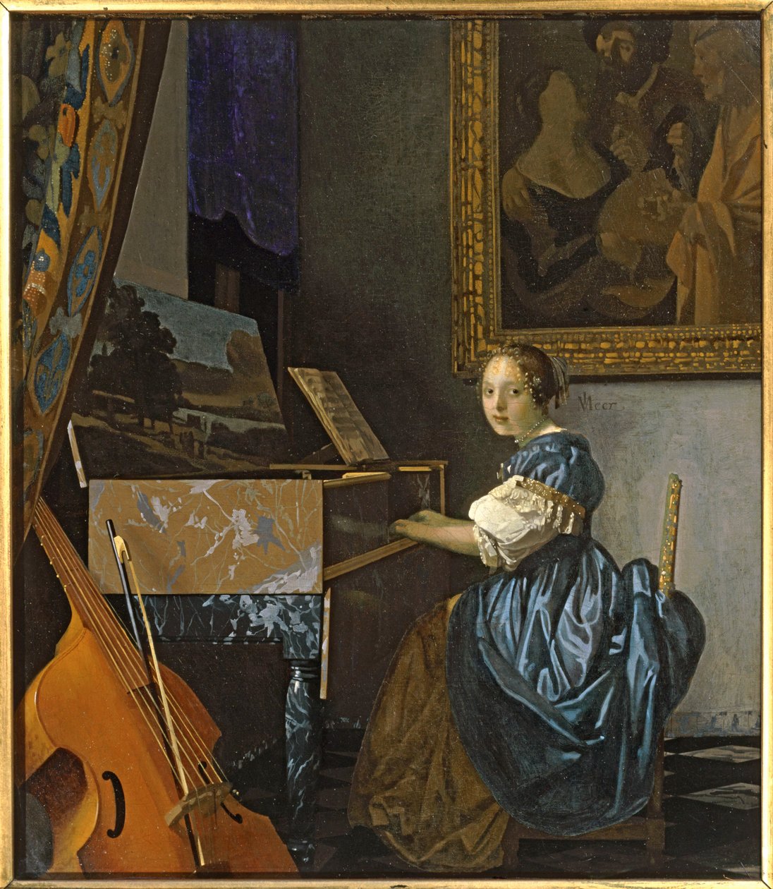 En ung kvinna sitter vid den jungfruliga ... (målning på duk) av Jan (1632-75) Vermeer