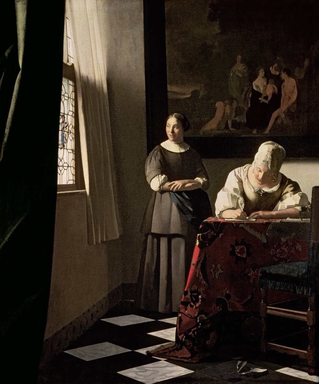 Dam som skriver ett brev med sin hembiträde, ca 1670 (olja på duk) av Johannes Vermeer