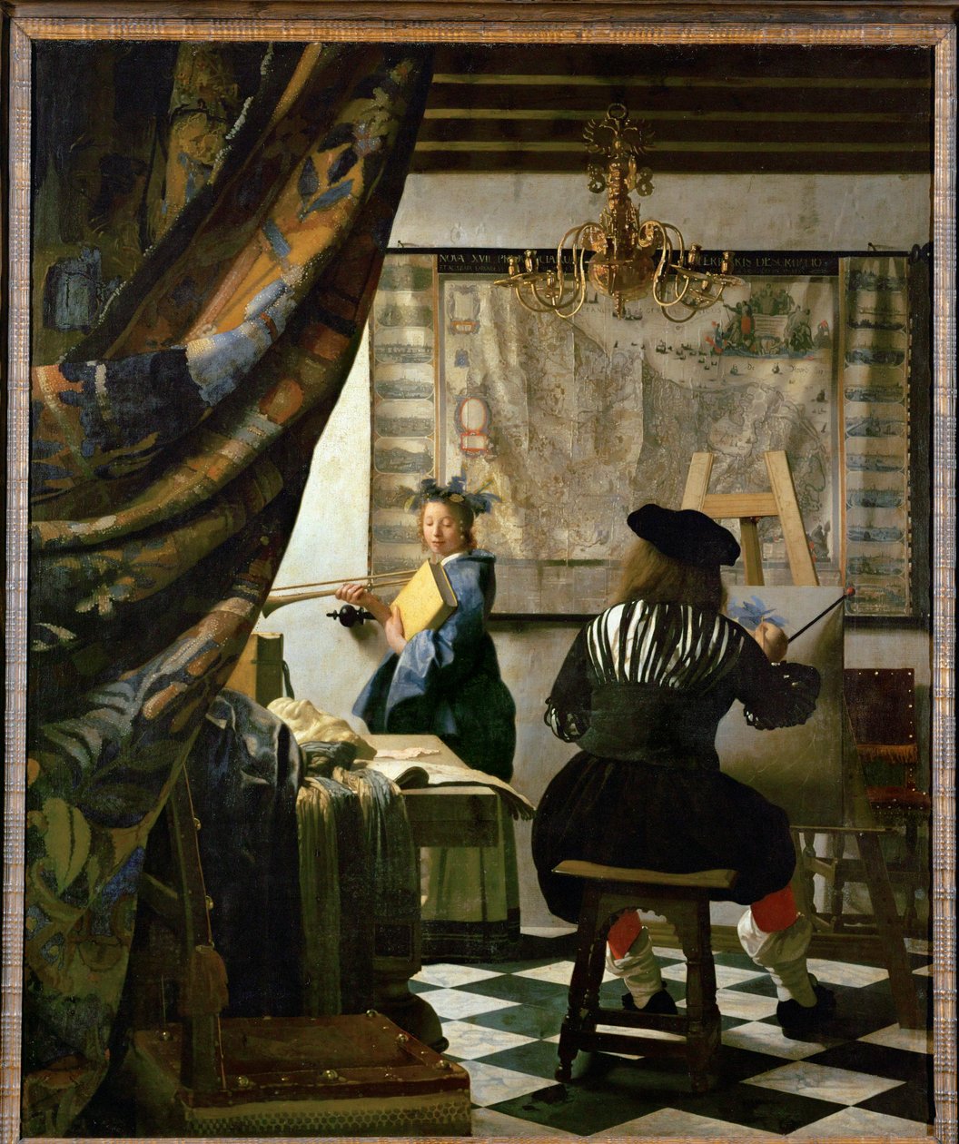 Målaren och hans modell som Klio (olja på duk) av Jan (1632-75) Vermeer